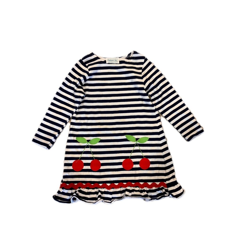 Funtasia Too Girls 3T Navy White Striped Dress Cherry Applique Ruffle Hem